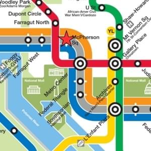 Map of DC Metro (subway) in downtown Washington DC including nearby train stations. There is a red star depicted at the McPherson Metro Station, which is the location of Metro Variety.